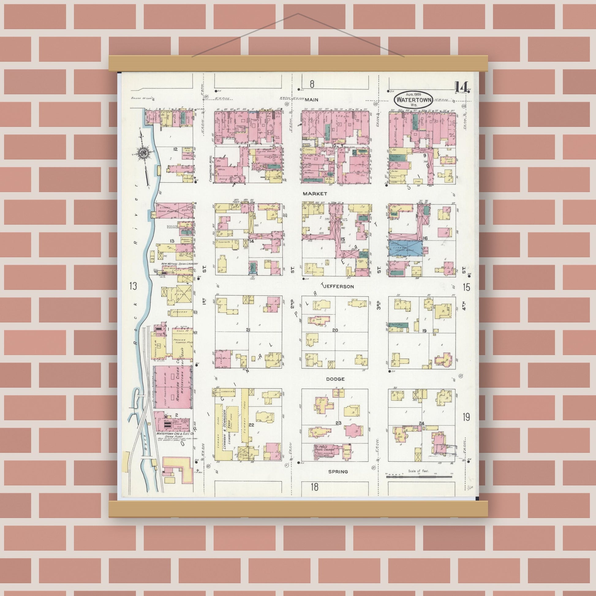 Old map wall art mockup — magnetic wood frame on brick wall — Sanborn Fire Insurance Map from Watertown, Jefferson County, Wisconsin (1909), Sheet #0014