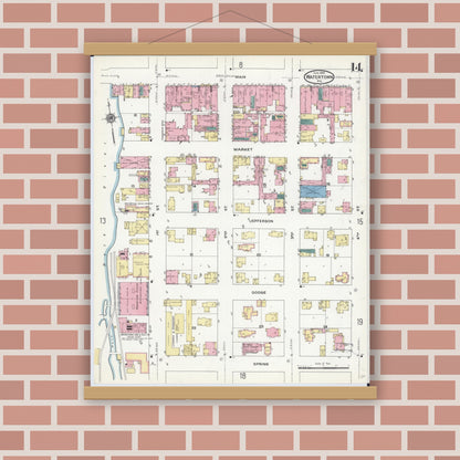 Old map wall art mockup — magnetic wood frame on brick wall — Sanborn Fire Insurance Map from Watertown, Jefferson County, Wisconsin (1909), Sheet #0014
