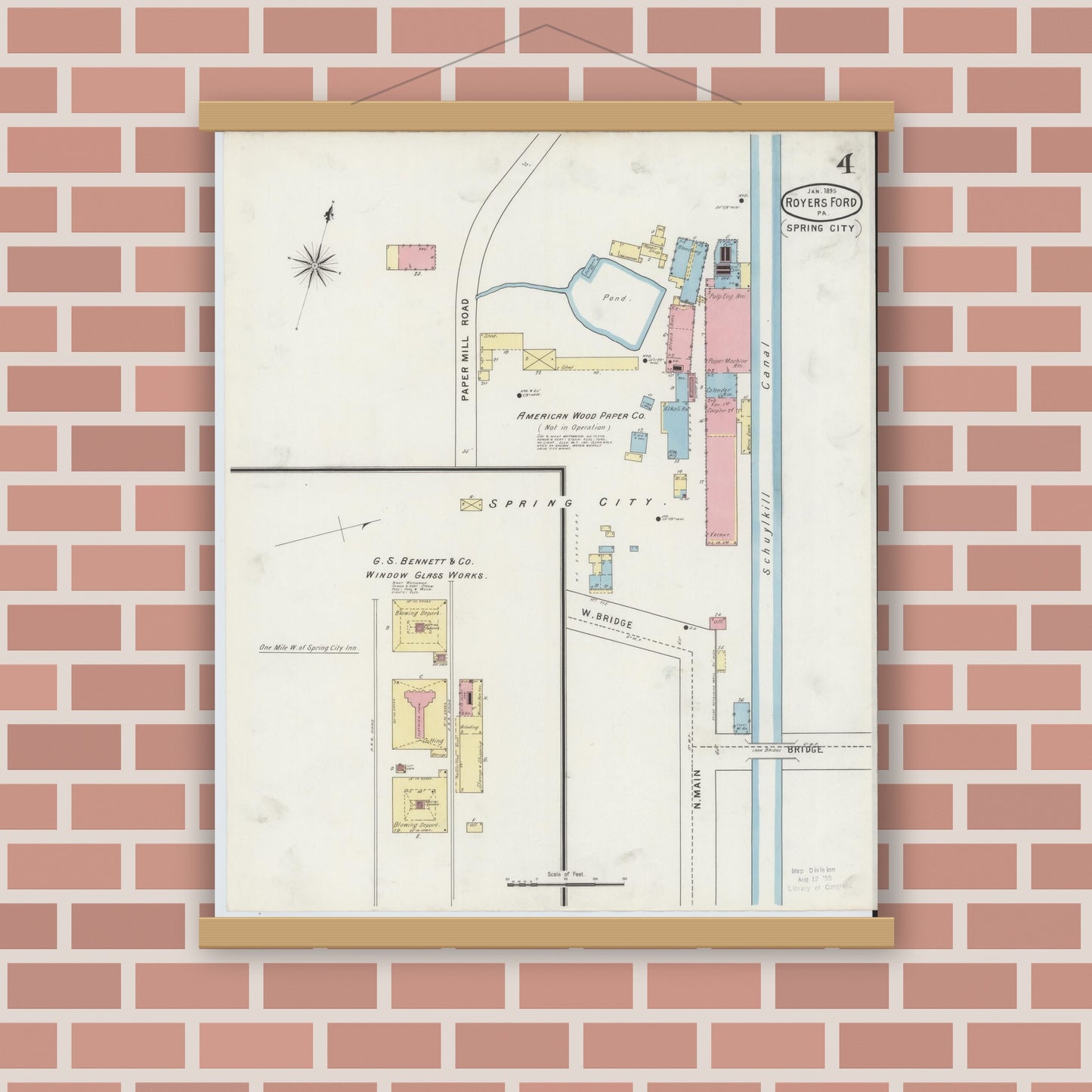 Old map wall art mockup — magnetic wood frame on brick wall — Sanborn Fire Insurance Map from Royersford, Montgomery County, Pennsylvania (1895), Sheet #0004