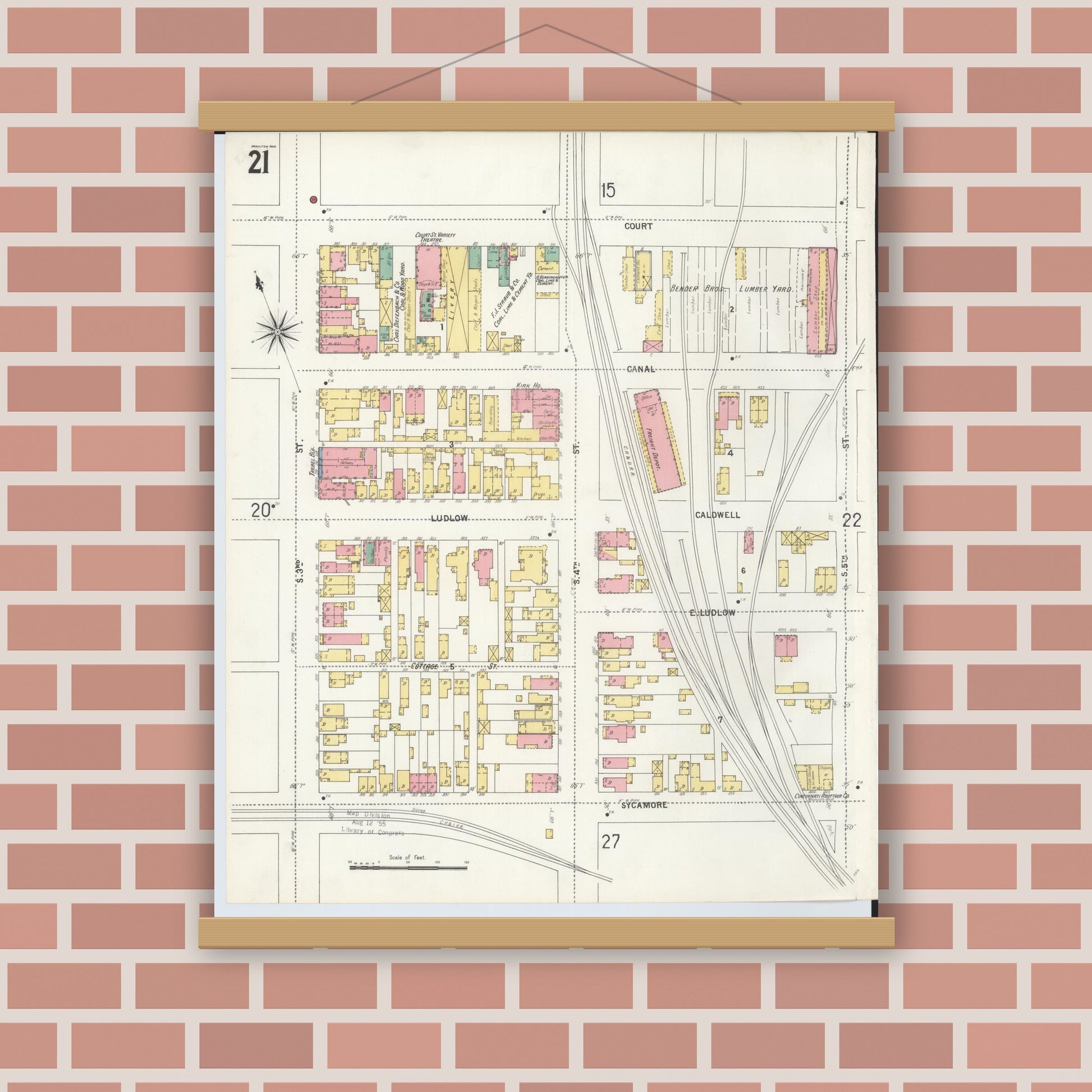 Old map wall art mockup — magnetic wood frame on brick wall — Sanborn Fire Insurance Map from Hamilton, Butler County, Ohio (1899), Sheet #0021