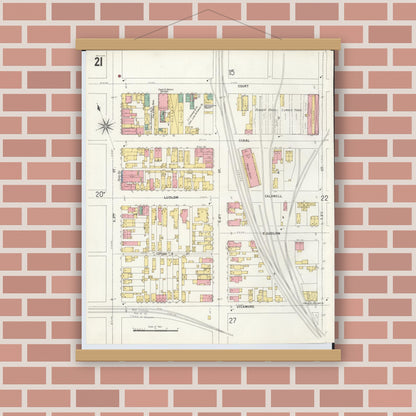 Old map wall art mockup — magnetic wood frame on brick wall — Sanborn Fire Insurance Map from Hamilton, Butler County, Ohio (1899), Sheet #0021