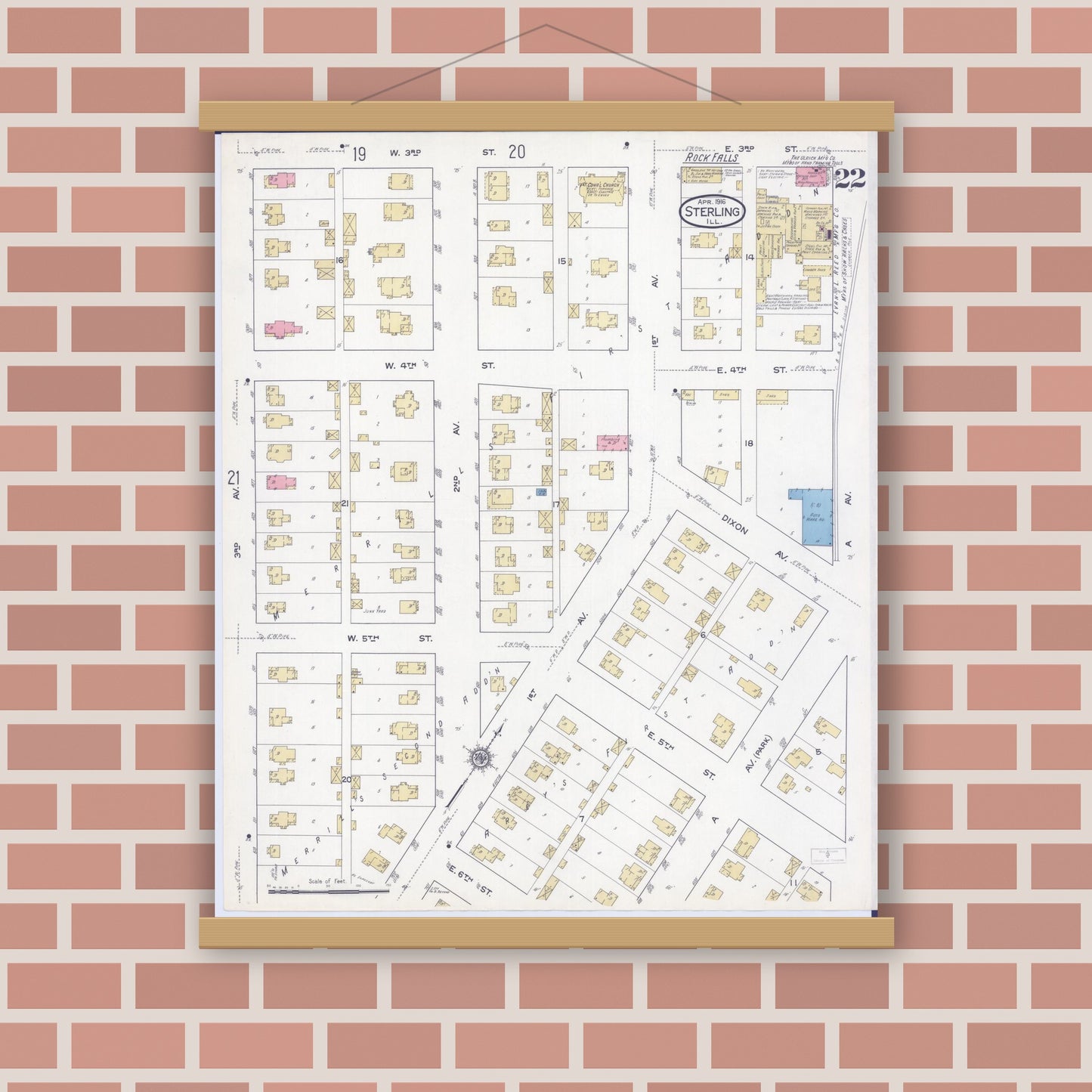 Old map wall art mockup — magnetic wood frame on brick wall — Sanborn Fire Insurance Map from Sterling, Whiteside County, Illinois (1916), Sheet #0022