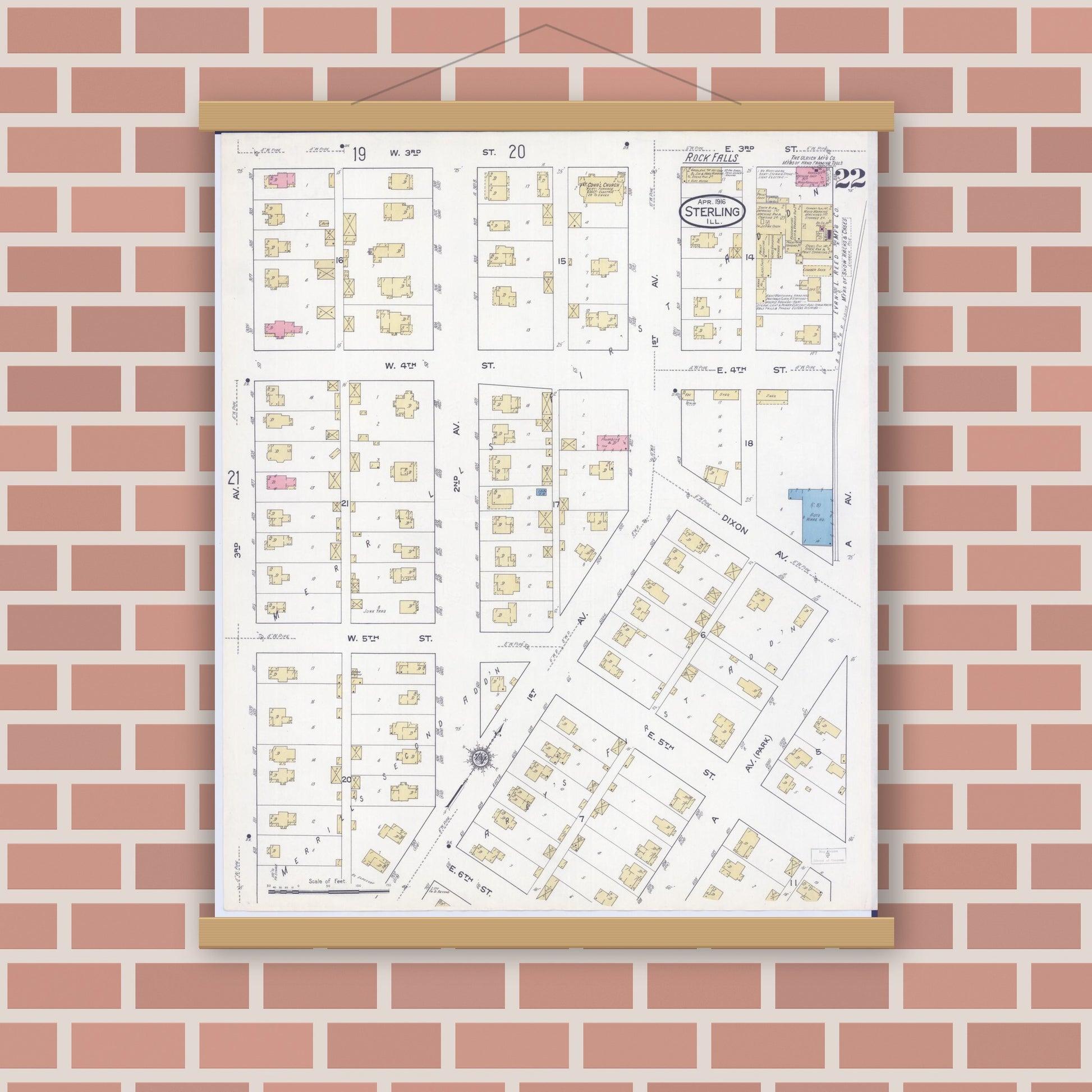 Old map wall art mockup — magnetic wood frame on brick wall — Sanborn Fire Insurance Map from Sterling, Whiteside County, Illinois (1916), Sheet #0022