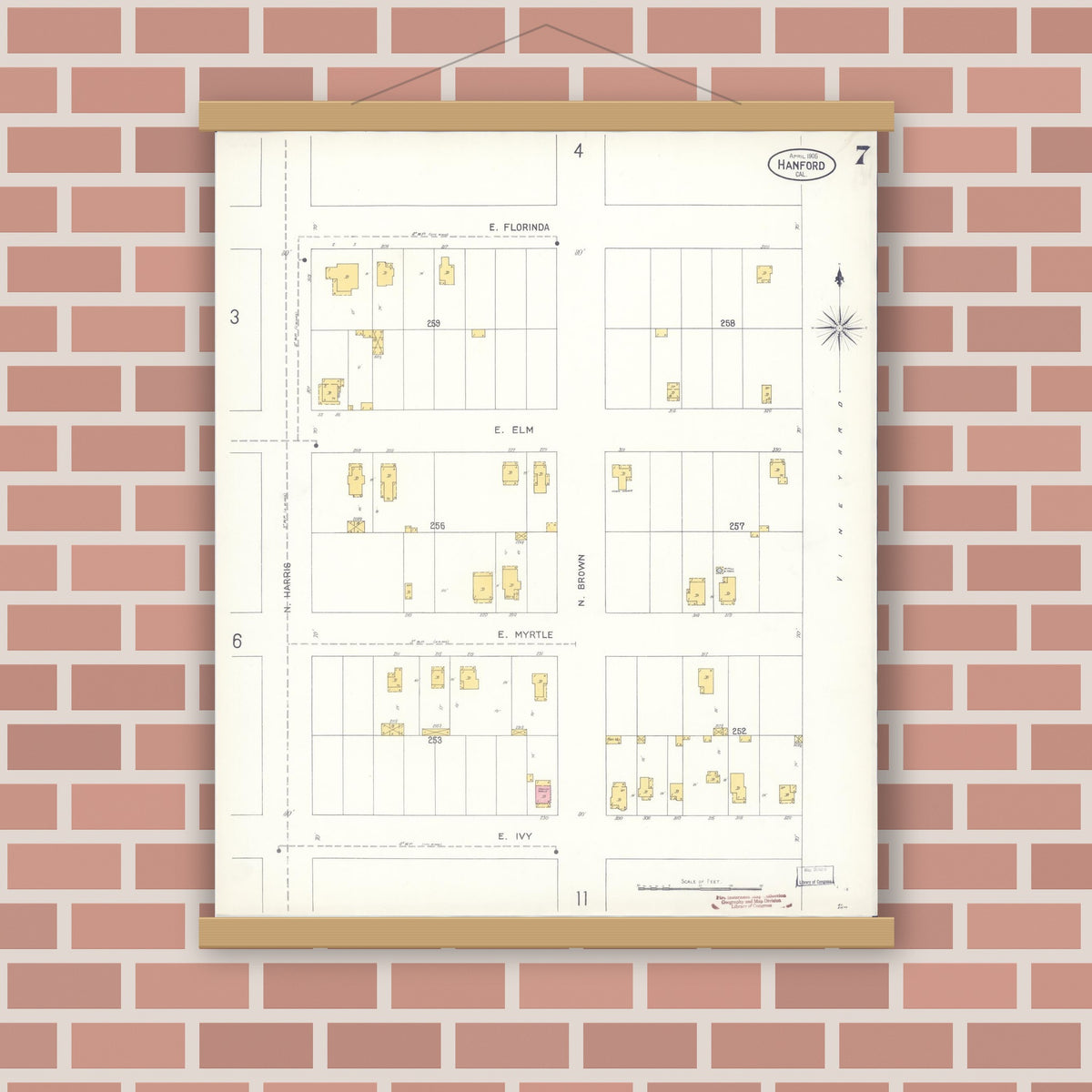 Old map wall art mockup — magnetic wood frame on brick wall — Sanborn Fire Insurance Map from Hanford, Kings County, California (1905), Sheet #0007