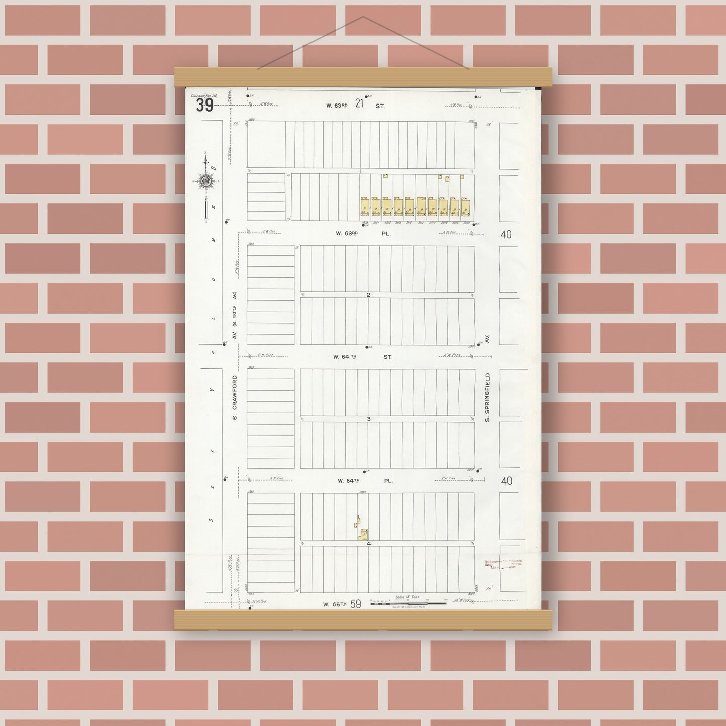 Old map wall art mockup — magnetic wood frame on brick wall — Sanborn Fire Insurance Map from Chicago, Cook County, Illinois (1920), Sheet #0039