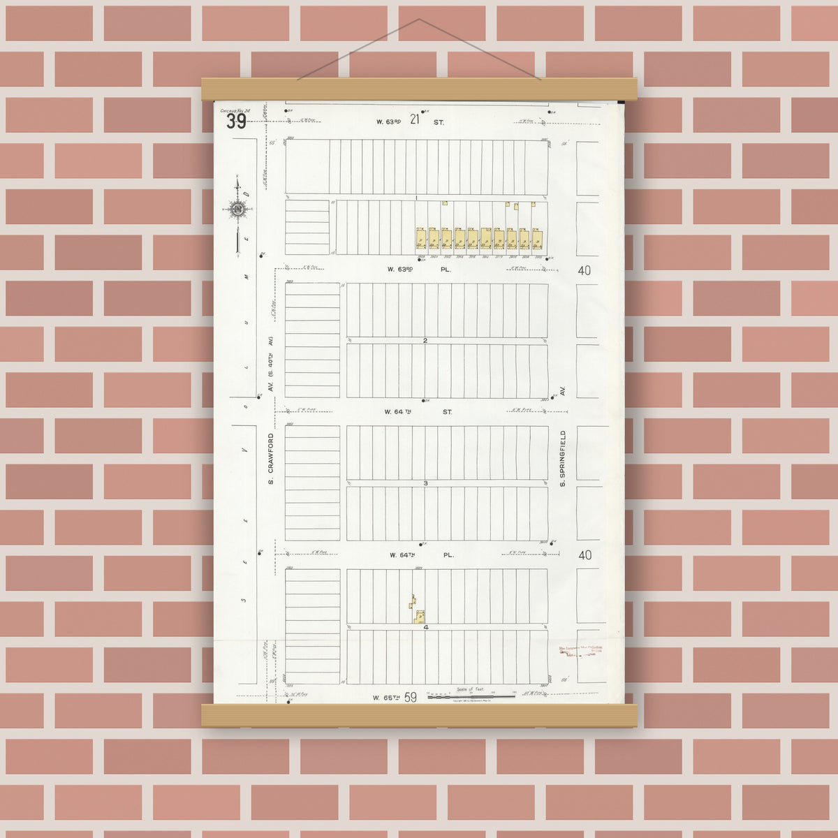Old map wall art mockup — magnetic wood frame on brick wall — Sanborn Fire Insurance Map from Chicago, Cook County, Illinois (1920), Sheet #0039