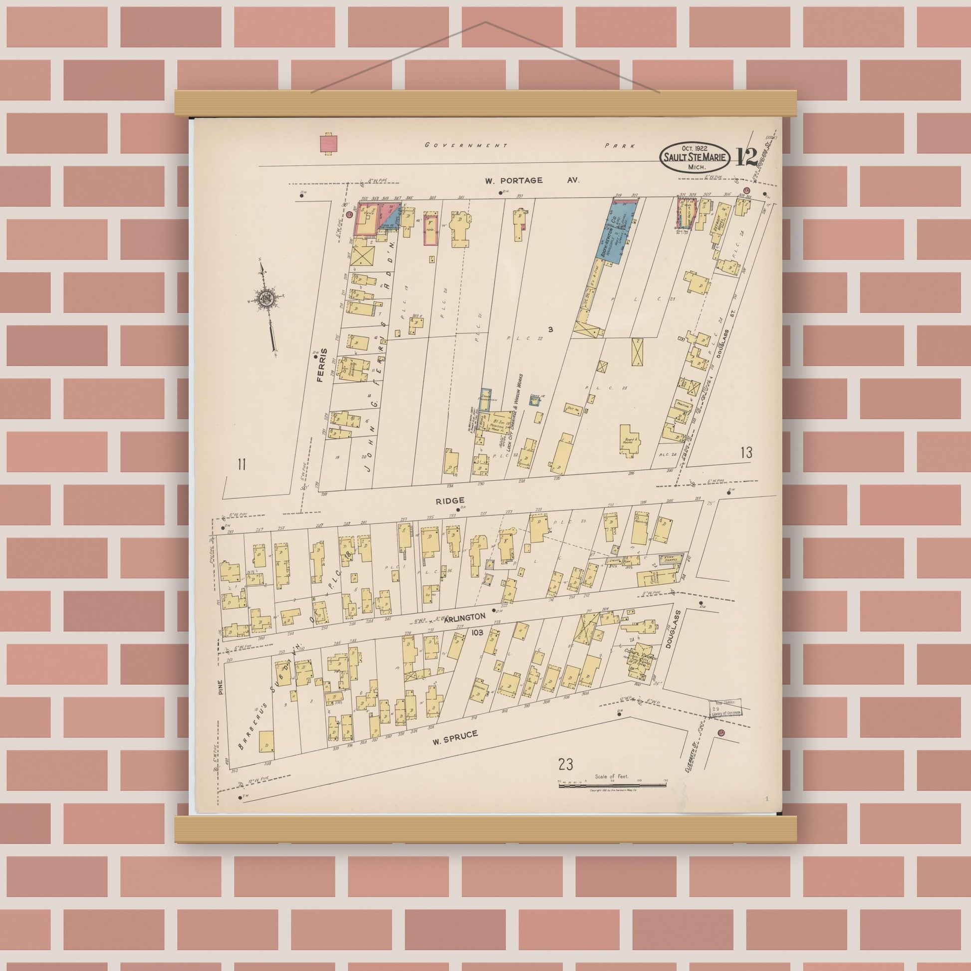 Old map wall art mockup — magnetic wood frame on brick wall — Sanborn Fire Insurance Map from Sault Sainte Marie, Chippewa County, Michigan (1922), Sheet #0012