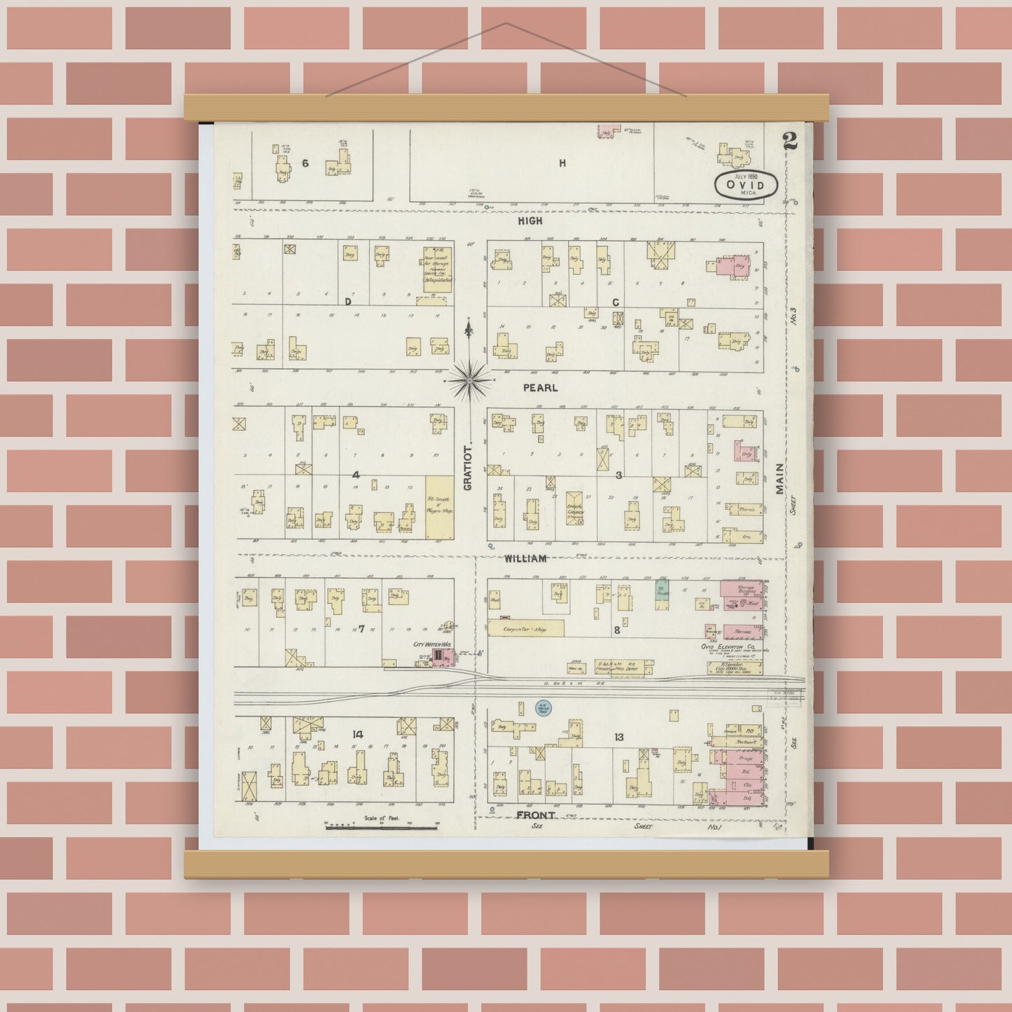 Old map wall art mockup — magnetic wood frame on brick wall — Sanborn Fire Insurance Map from Ovid, Clinton County, Michigan (1890), Sheet #0002