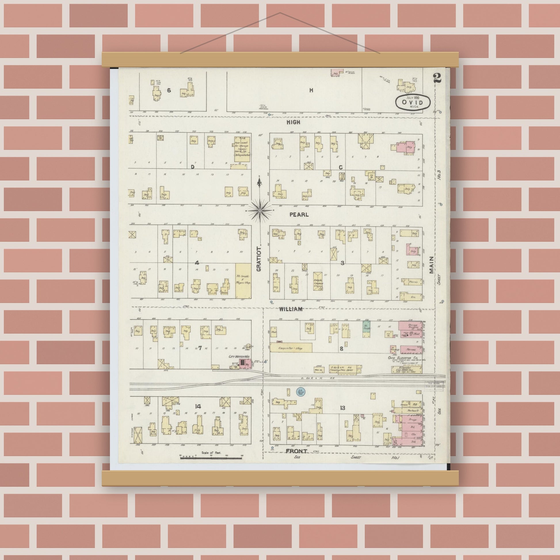 Old map wall art mockup — magnetic wood frame on brick wall — Sanborn Fire Insurance Map from Ovid, Clinton County, Michigan (1890), Sheet #0002