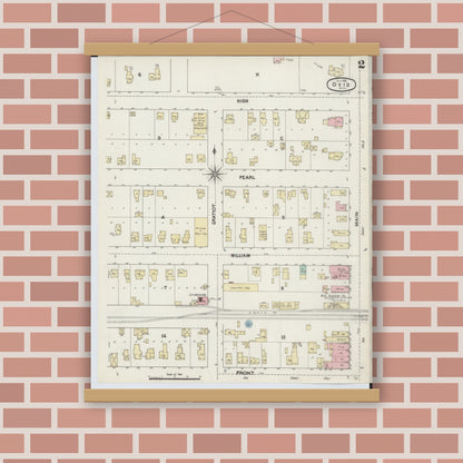 Old map wall art mockup — magnetic wood frame on brick wall — Sanborn Fire Insurance Map from Ovid, Clinton County, Michigan (1890), Sheet #0002