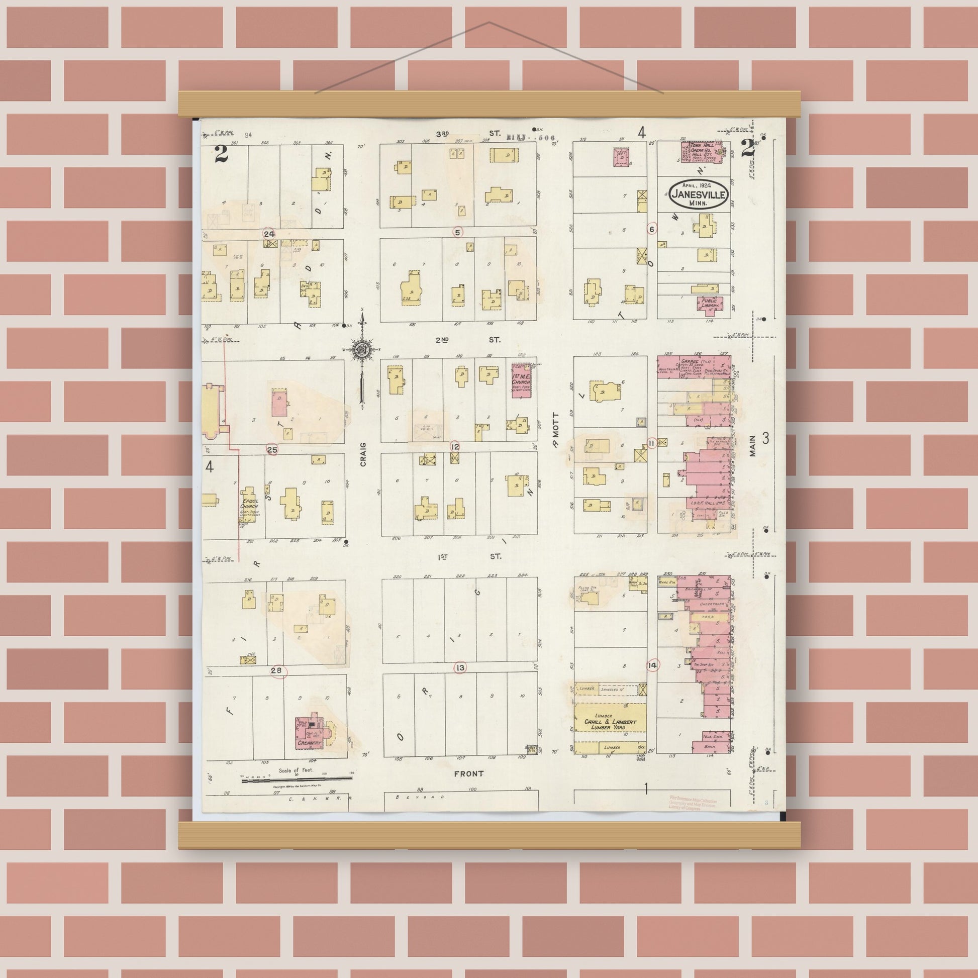 Old map wall art mockup — magnetic wood frame on brick wall — Sanborn Fire Insurance Map from Janesville, Waseca County, Minnesota (1937), Sheet #0002