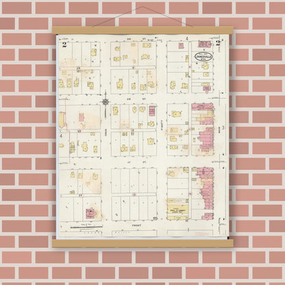 Old map wall art mockup — magnetic wood frame on brick wall — Sanborn Fire Insurance Map from Janesville, Waseca County, Minnesota (1937), Sheet #0002
