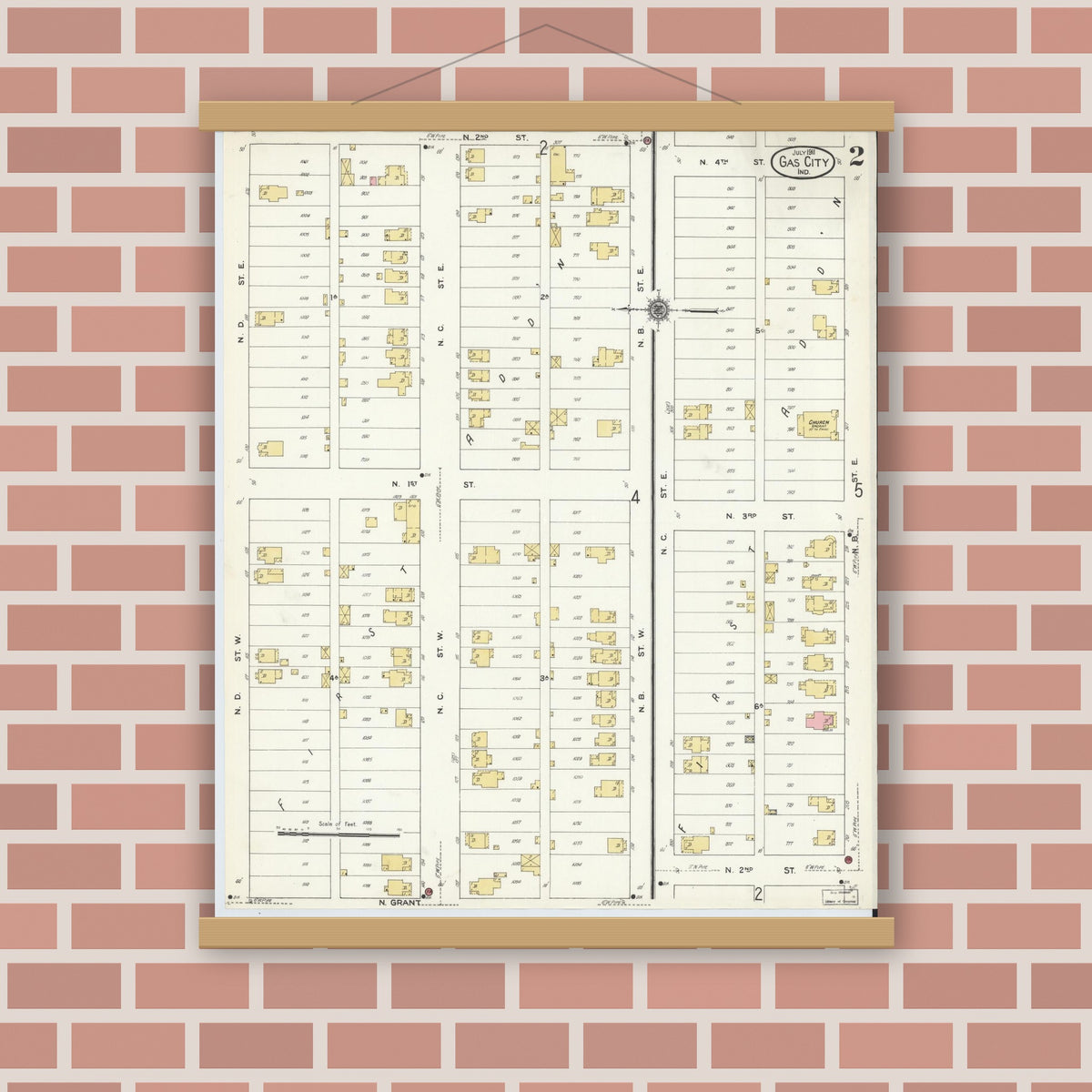 Old map wall art mockup — magnetic wood frame on brick wall — Sanborn Fire Insurance Map from Gas City, Grant County, Indiana (1911), Sheet #0002