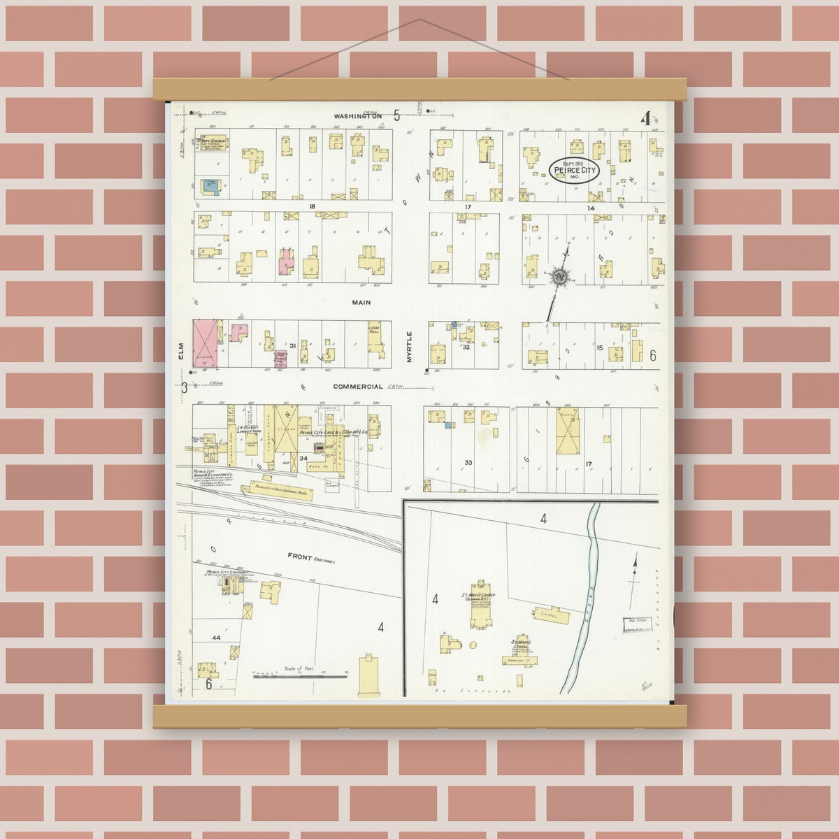 Old map wall art mockup — magnetic wood frame on brick wall — Sanborn Fire Insurance Map from Pierce City, Lawrence County, Missouri (1910), Sheet #0004