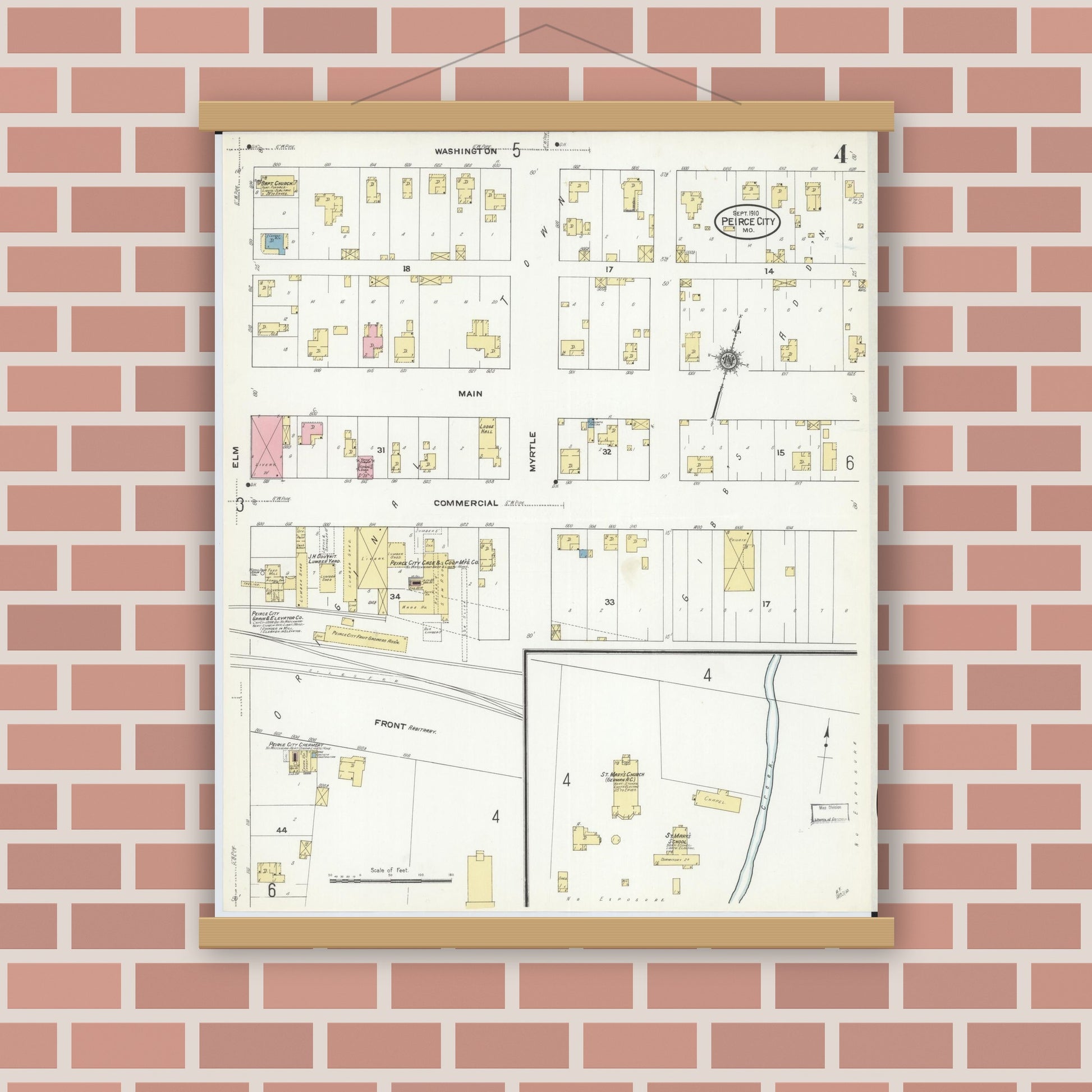 Old map wall art mockup — magnetic wood frame on brick wall — Sanborn Fire Insurance Map from Pierce City, Lawrence County, Missouri (1910), Sheet #0004