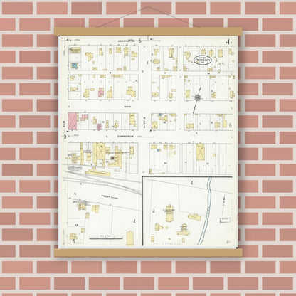 Old map wall art mockup — magnetic wood frame on brick wall — Sanborn Fire Insurance Map from Pierce City, Lawrence County, Missouri (1910), Sheet #0004