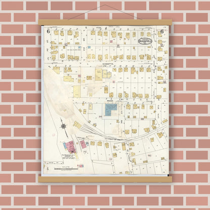 Old map wall art mockup — magnetic wood frame on brick wall — Sanborn Fire Insurance Map from Woodsfield, Monroe County, Ohio (1949), Sheet #0006