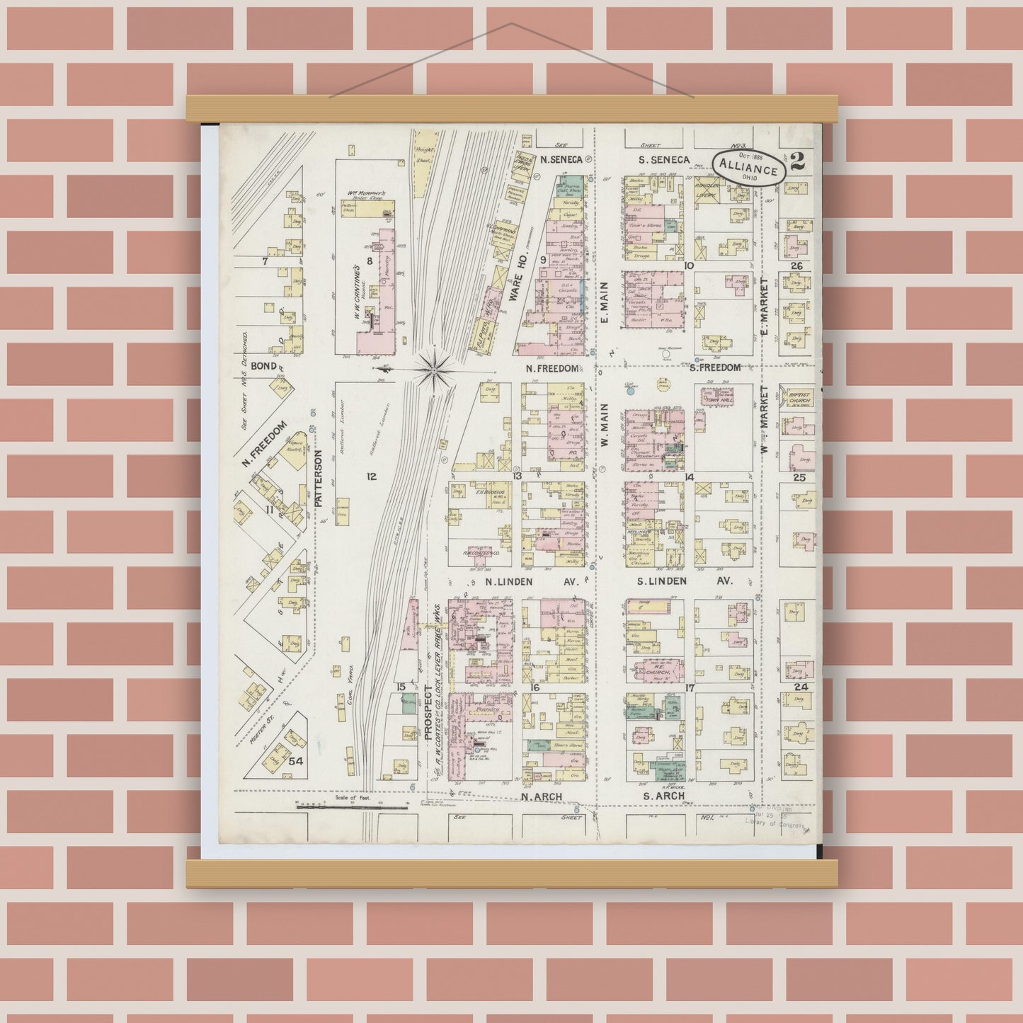 Old map wall art mockup — magnetic wood frame on brick wall — Sanborn Fire Insurance Map from Alliance, Stark County, Ohio (1888), Sheet #0002