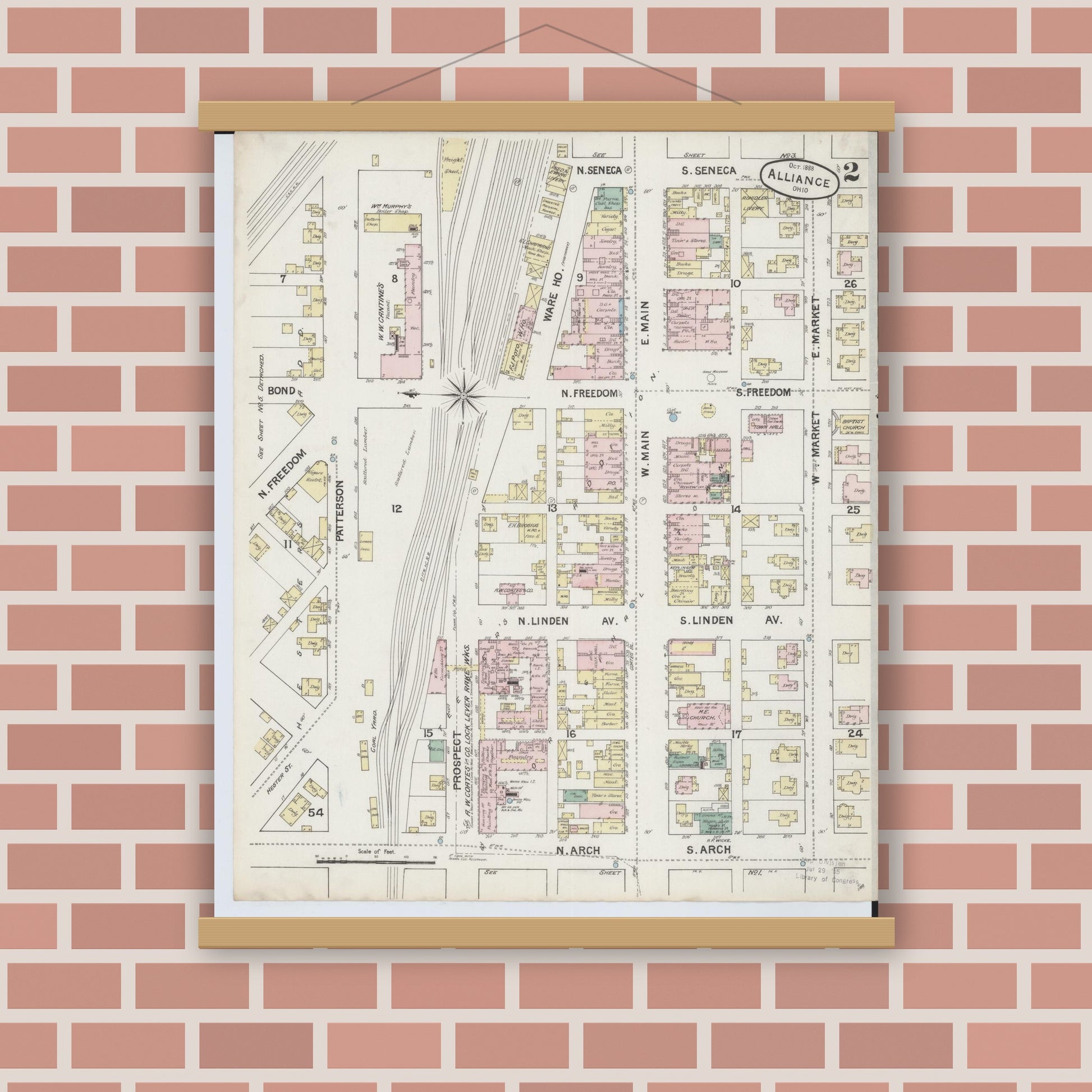 Old map wall art mockup — magnetic wood frame on brick wall — Sanborn Fire Insurance Map from Alliance, Stark County, Ohio (1888), Sheet #0002
