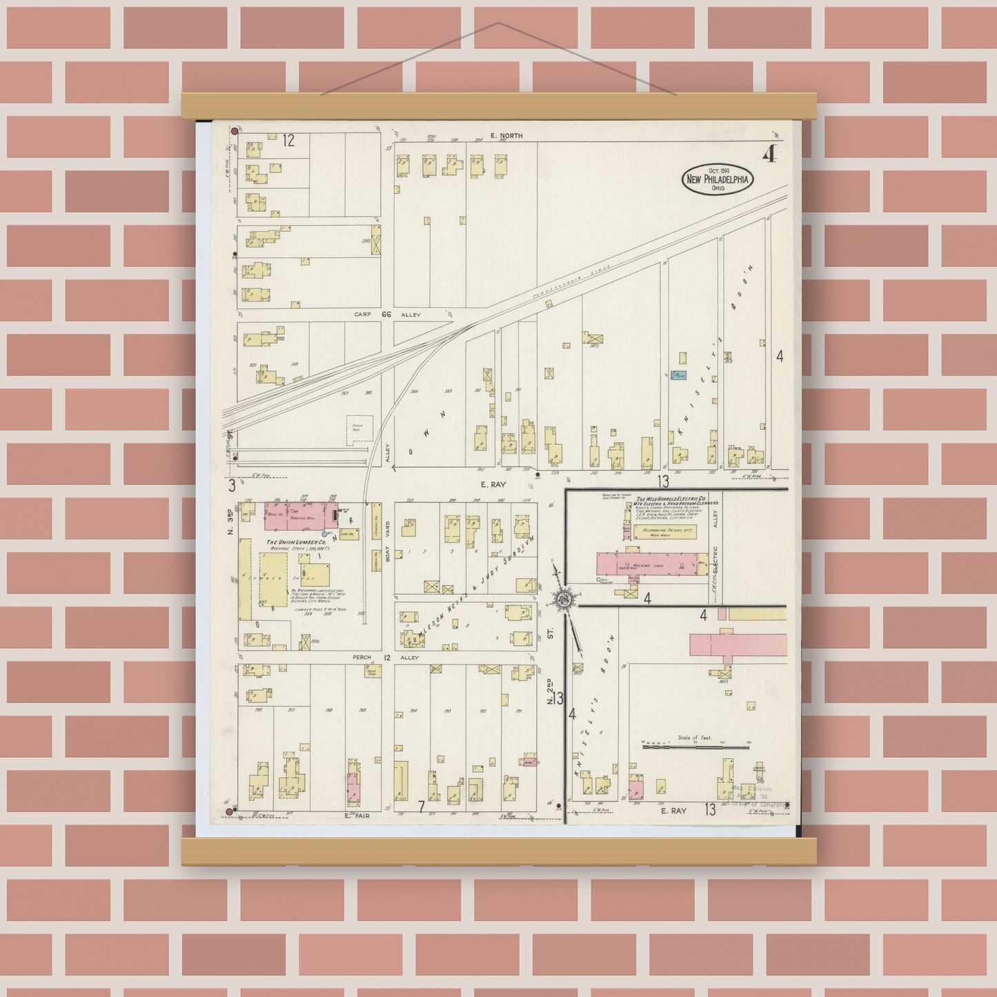 Old map wall art mockup — magnetic wood frame on brick wall — Sanborn Fire Insurance Map from New Philadelphia, Tuscarawas County, Ohio (1914), Sheet #0004