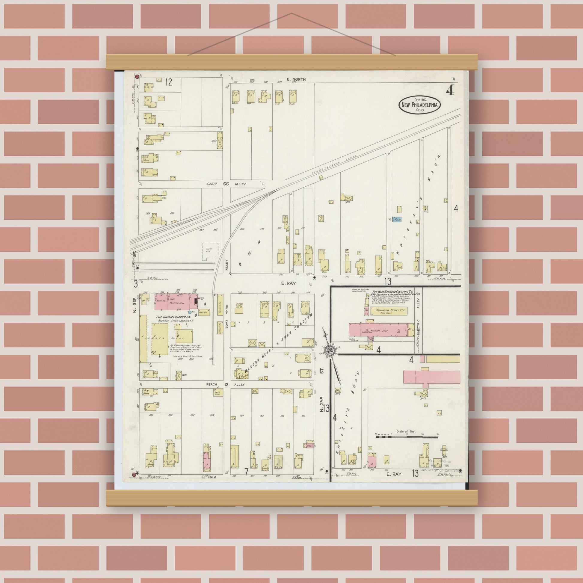 Old map wall art mockup — magnetic wood frame on brick wall — Sanborn Fire Insurance Map from New Philadelphia, Tuscarawas County, Ohio (1914), Sheet #0004