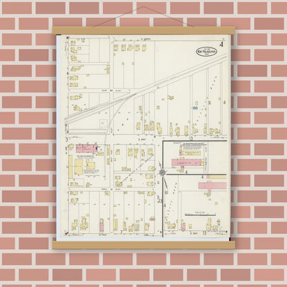 Old map wall art mockup — magnetic wood frame on brick wall — Sanborn Fire Insurance Map from New Philadelphia, Tuscarawas County, Ohio (1914), Sheet #0004