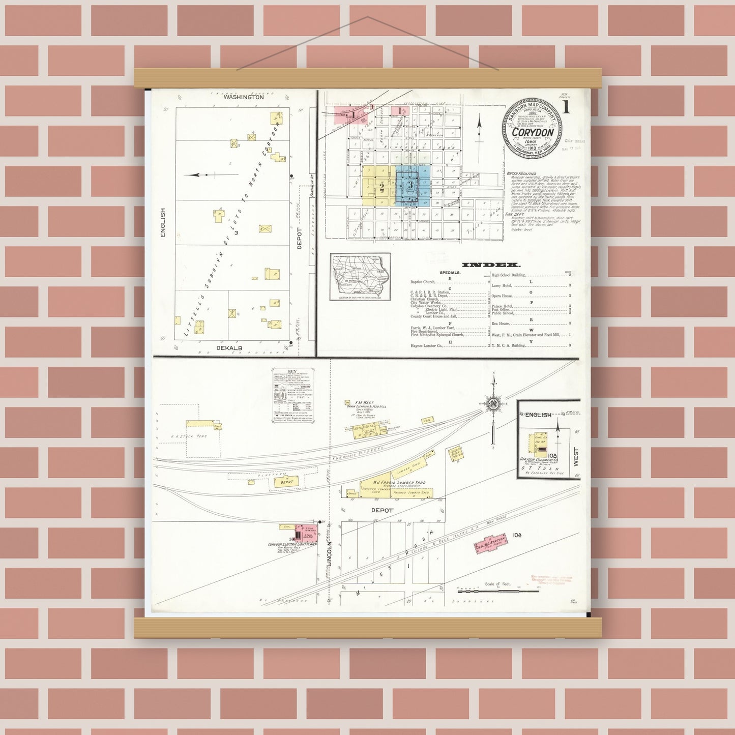 Old map wall art mockup — magnetic wood frame on brick wall — Sanborn Fire Insurance Map from Corydon, Wayne County, Iowa (1913), Sheet #0001