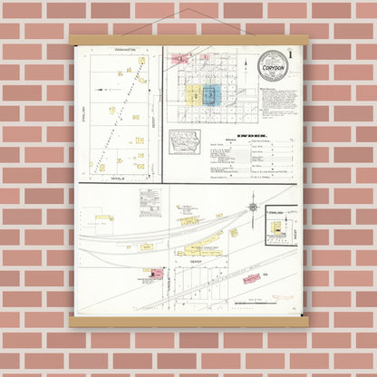 Old map wall art mockup — magnetic wood frame on brick wall — Sanborn Fire Insurance Map from Corydon, Wayne County, Iowa (1913), Sheet #0001