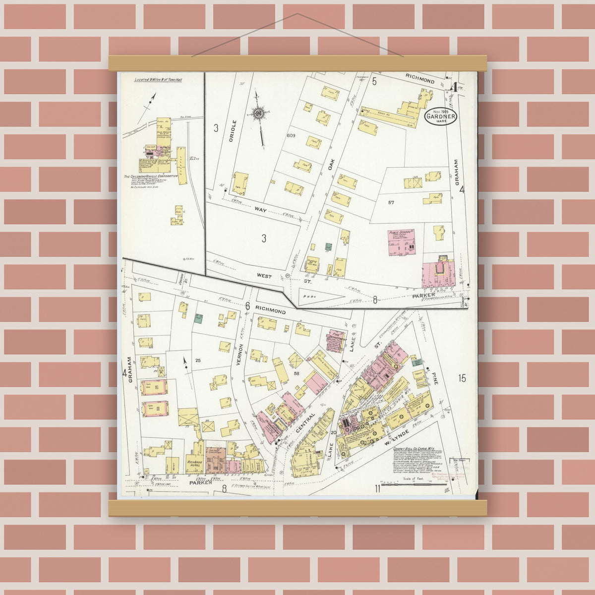 Old map wall art mockup — magnetic wood frame on brick wall — Sanborn Fire Insurance Map from Gardner, Worcester County, Massachusetts (1909), Sheet #0004