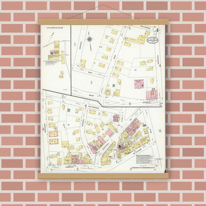 Old map wall art mockup — magnetic wood frame on brick wall — Sanborn Fire Insurance Map from Gardner, Worcester County, Massachusetts (1909), Sheet #0004