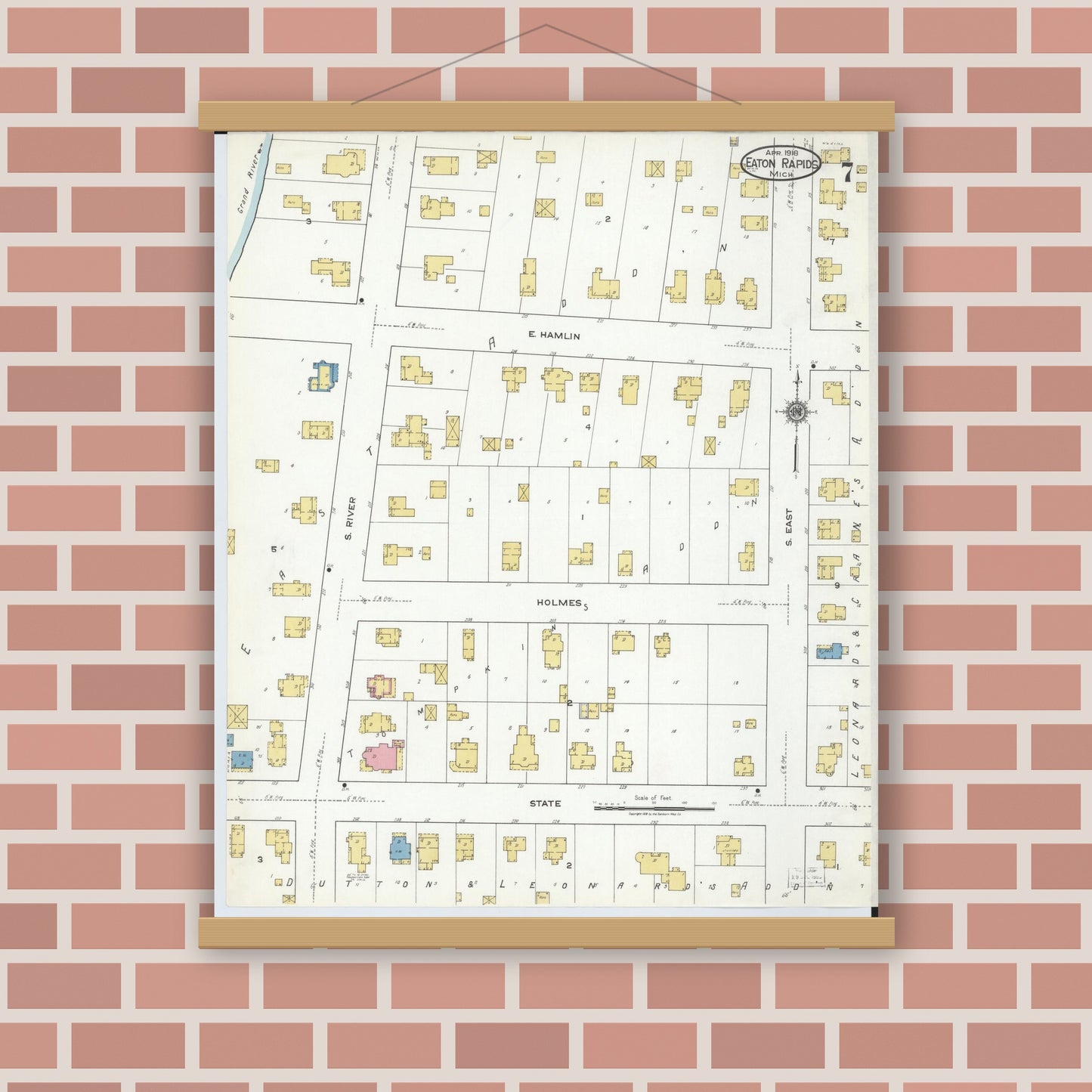 Old map wall art mockup — magnetic wood frame on brick wall — Sanborn Fire Insurance Map from Eaton Rapids, Eaton County, Michigan (1918), Sheet #0007