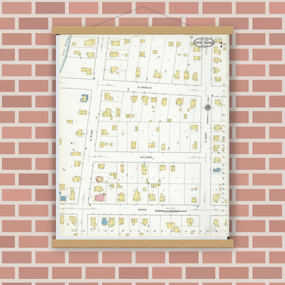 Old map wall art mockup — magnetic wood frame on brick wall — Sanborn Fire Insurance Map from Eaton Rapids, Eaton County, Michigan (1918), Sheet #0007