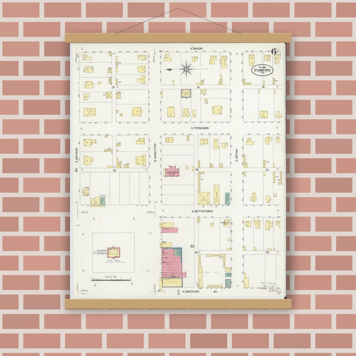 Old map wall art mockup — magnetic wood frame on brick wall — Sanborn Fire Insurance Map from Stamford, Jones County, Texas (1908), Sheet #0006