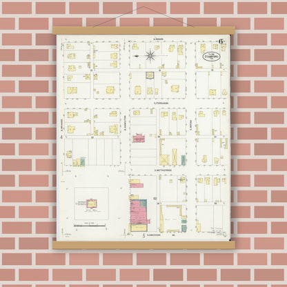 Old map wall art mockup — magnetic wood frame on brick wall — Sanborn Fire Insurance Map from Stamford, Jones County, Texas (1908), Sheet #0006