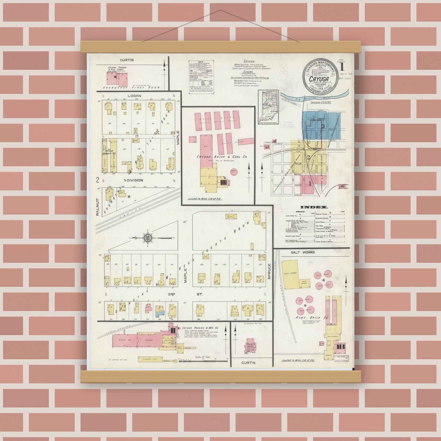 Old map wall art mockup — magnetic wood frame on brick wall — Sanborn Fire Insurance Map from Cayuga, Vermillion County, Indiana (1913) - Complete Map Set