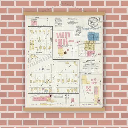 Old map wall art mockup — magnetic wood frame on brick wall — Sanborn Fire Insurance Map from Cayuga, Vermillion County, Indiana (1913) - Complete Map Set