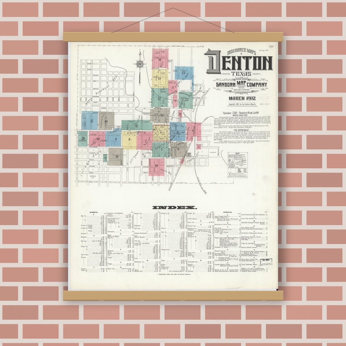 Old map wall art mockup — magnetic wood frame on brick wall — Sanborn Fire Insurance Map from Denton, Denton County, Texas (1912), Sheet #0001