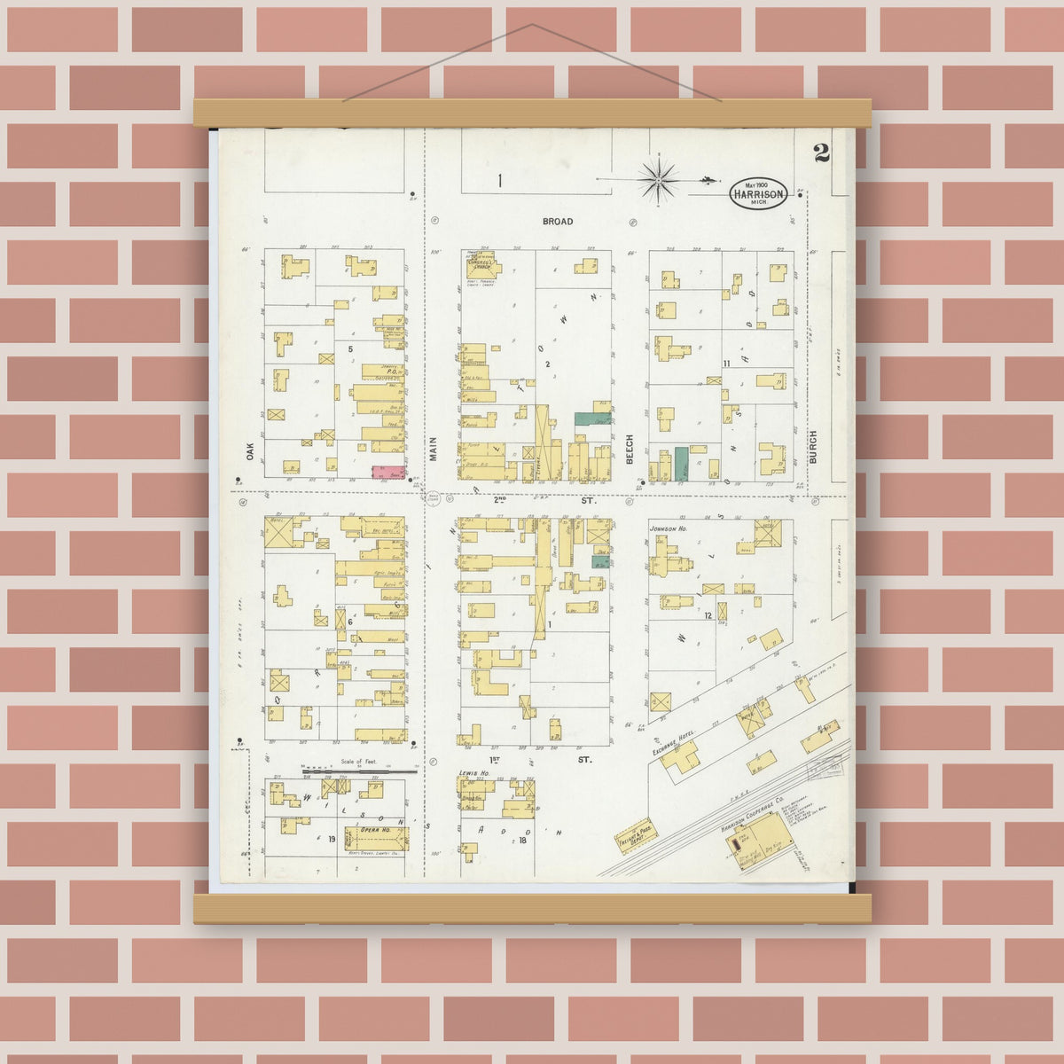 Old map wall art mockup — magnetic wood frame on brick wall — Sanborn Fire Insurance Map from Harrison, Clare County, Michigan (1900), Sheet #0002