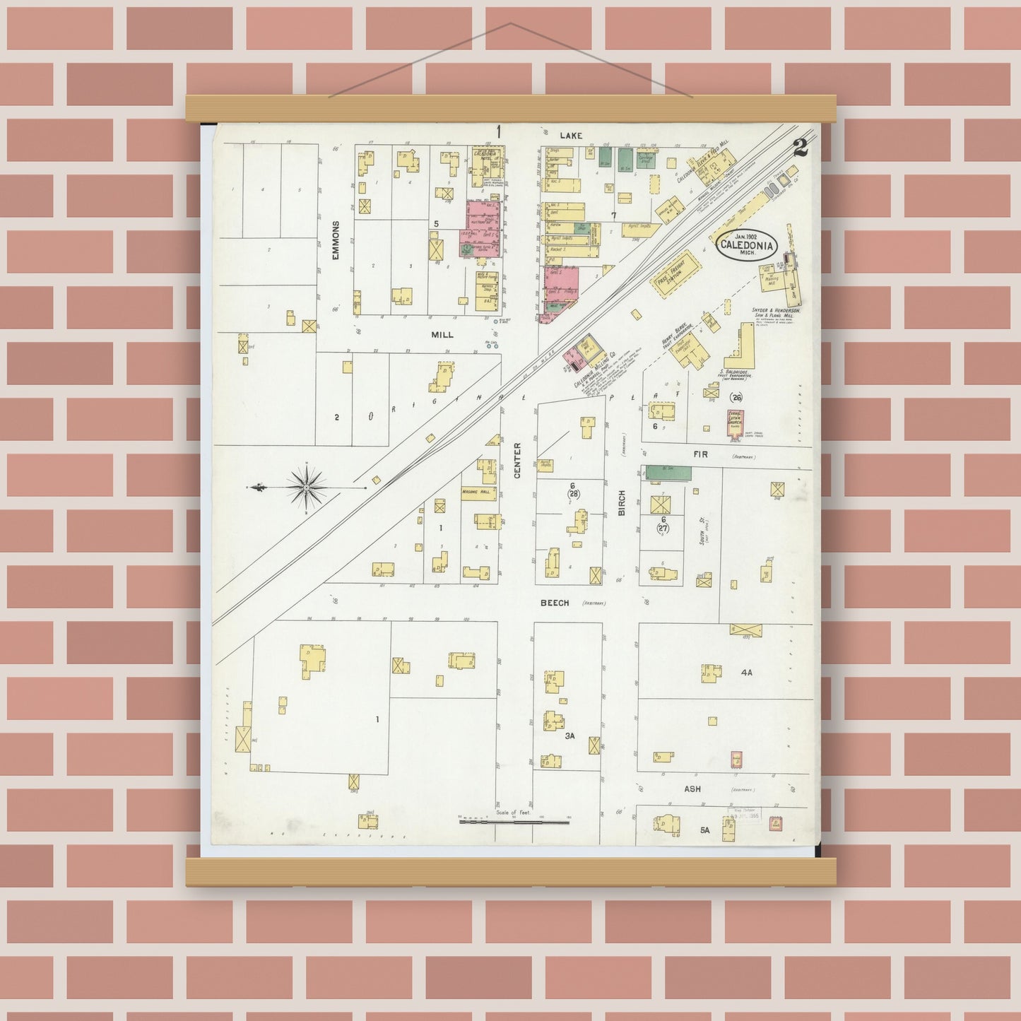 Old map wall art mockup — magnetic wood frame on brick wall — Sanborn Fire Insurance Map from Caledonia, Kent County, Michigan (1902), Sheet #0002