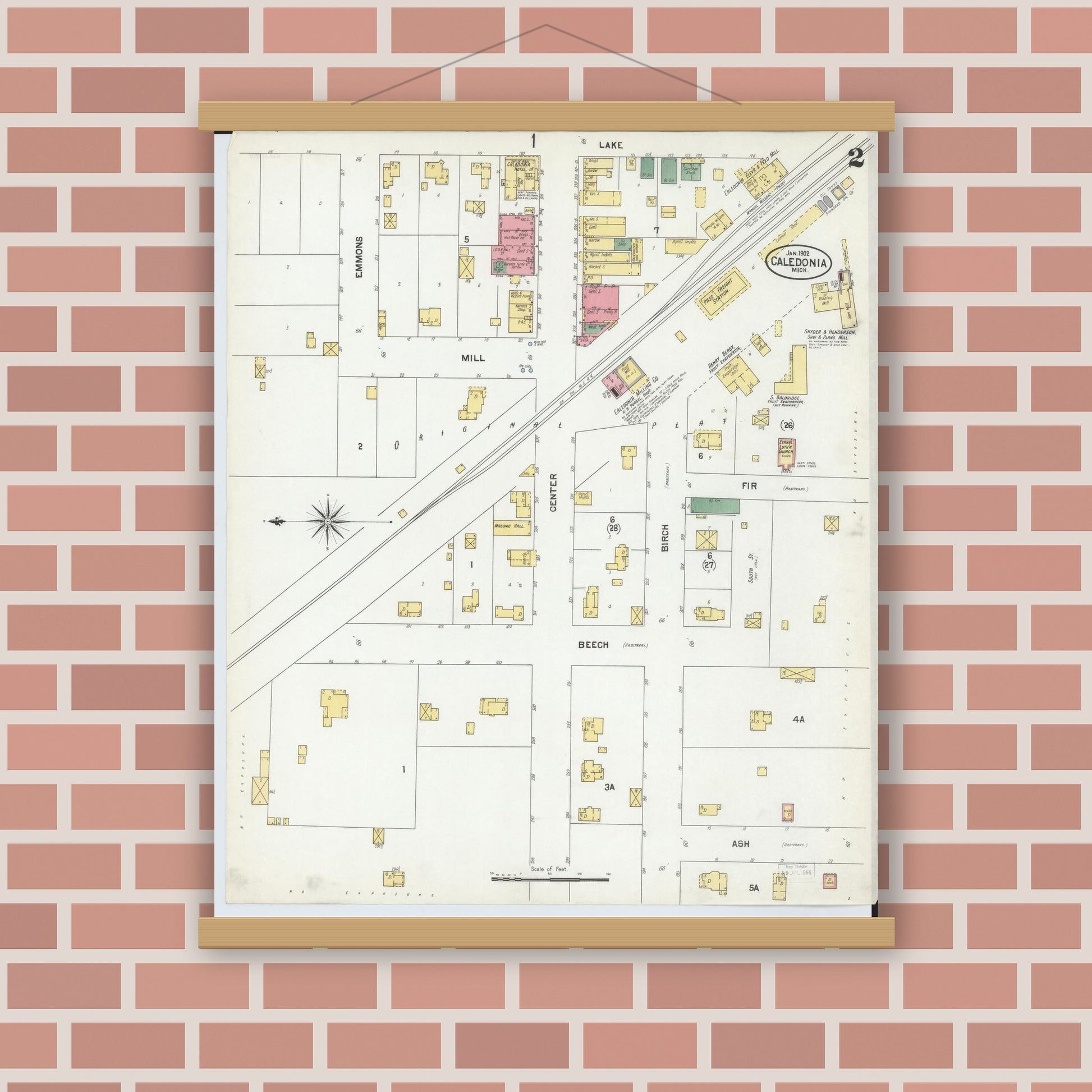 Old map wall art mockup — magnetic wood frame on brick wall — Sanborn Fire Insurance Map from Caledonia, Kent County, Michigan (1902), Sheet #0002