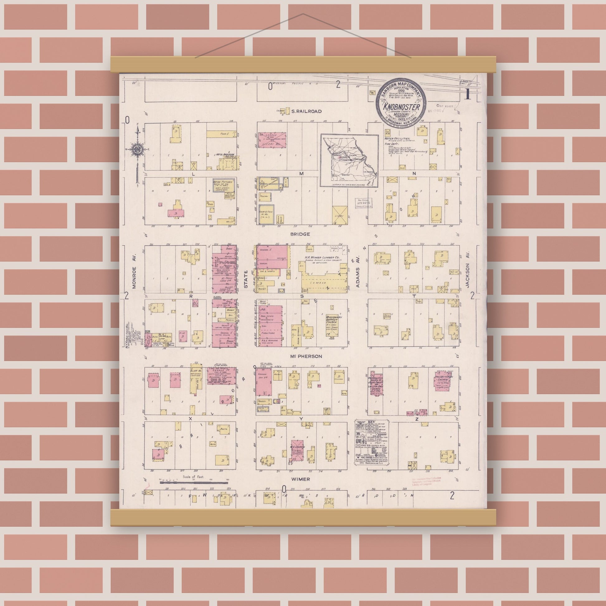 Old map wall art mockup — magnetic wood frame on brick wall — Sanborn Fire Insurance Map from Knobnoster, Johnson County, Missouri (1922), Sheet #0001