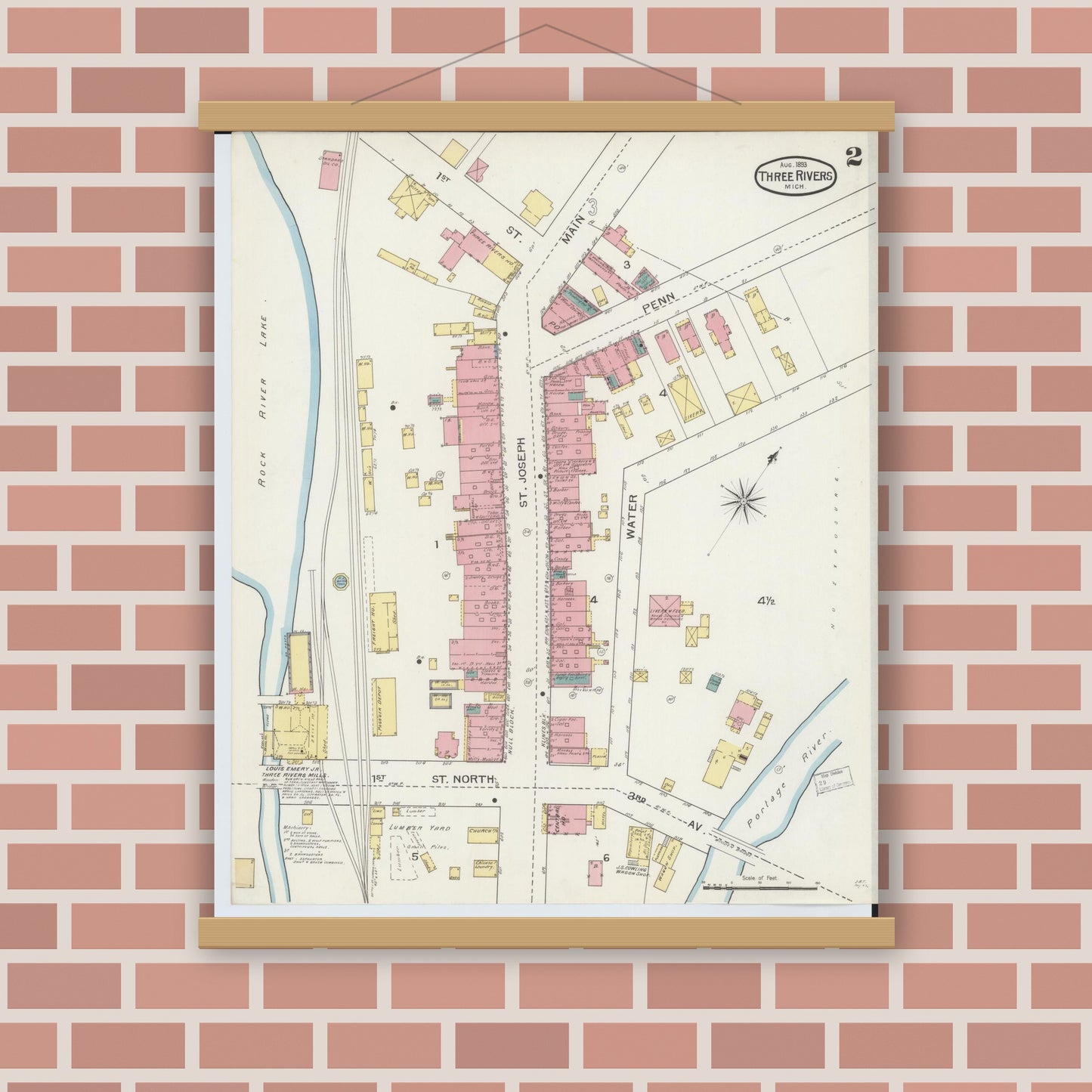 Old map wall art mockup — magnetic wood frame on brick wall — Sanborn Fire Insurance Map from Three Rivers, Saint Joseph County, Michigan (1893), Sheet #0002