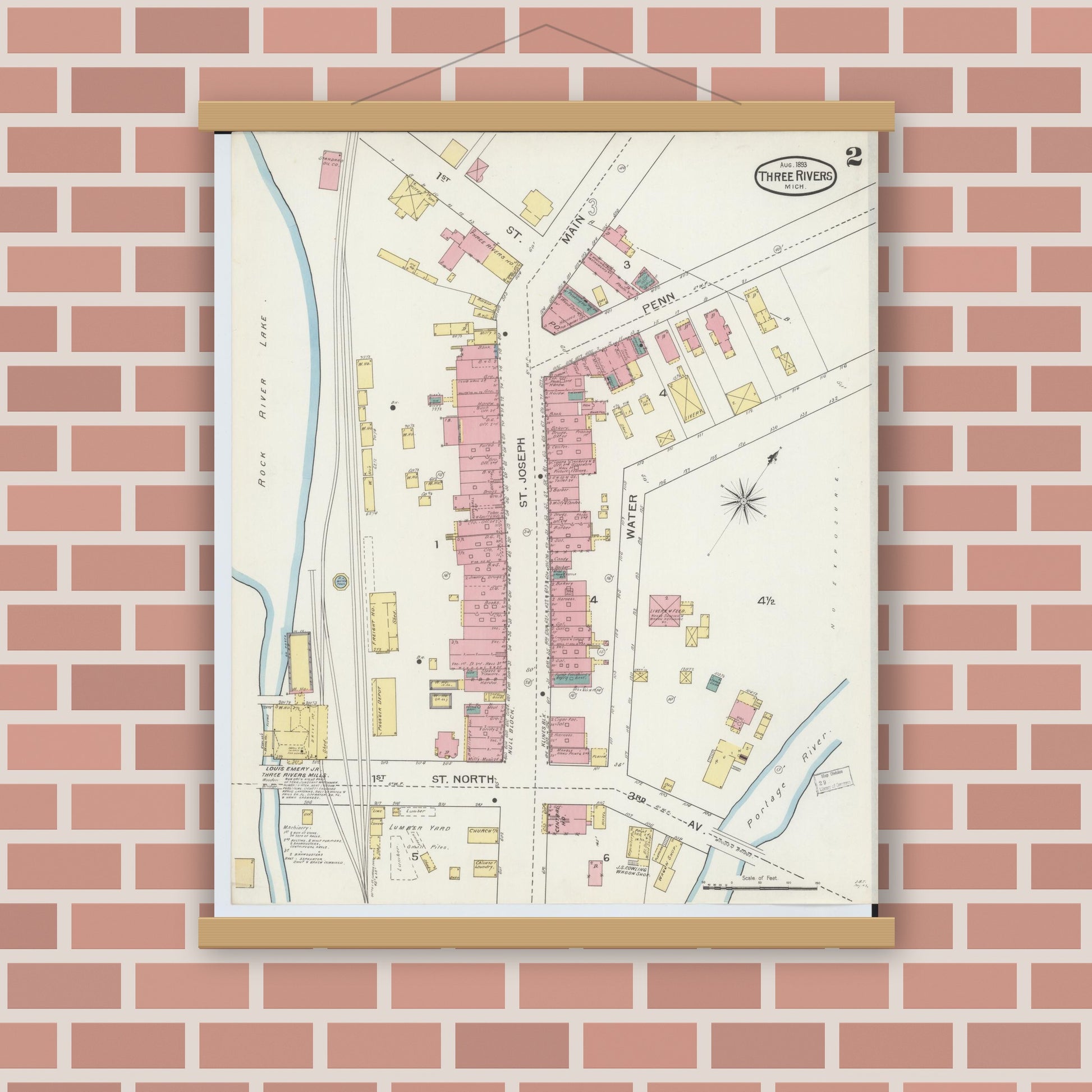 Old map wall art mockup — magnetic wood frame on brick wall — Sanborn Fire Insurance Map from Three Rivers, Saint Joseph County, Michigan (1893), Sheet #0002