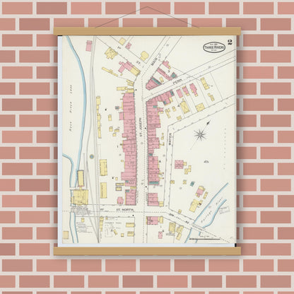 Old map wall art mockup — magnetic wood frame on brick wall — Sanborn Fire Insurance Map from Three Rivers, Saint Joseph County, Michigan (1893), Sheet #0002
