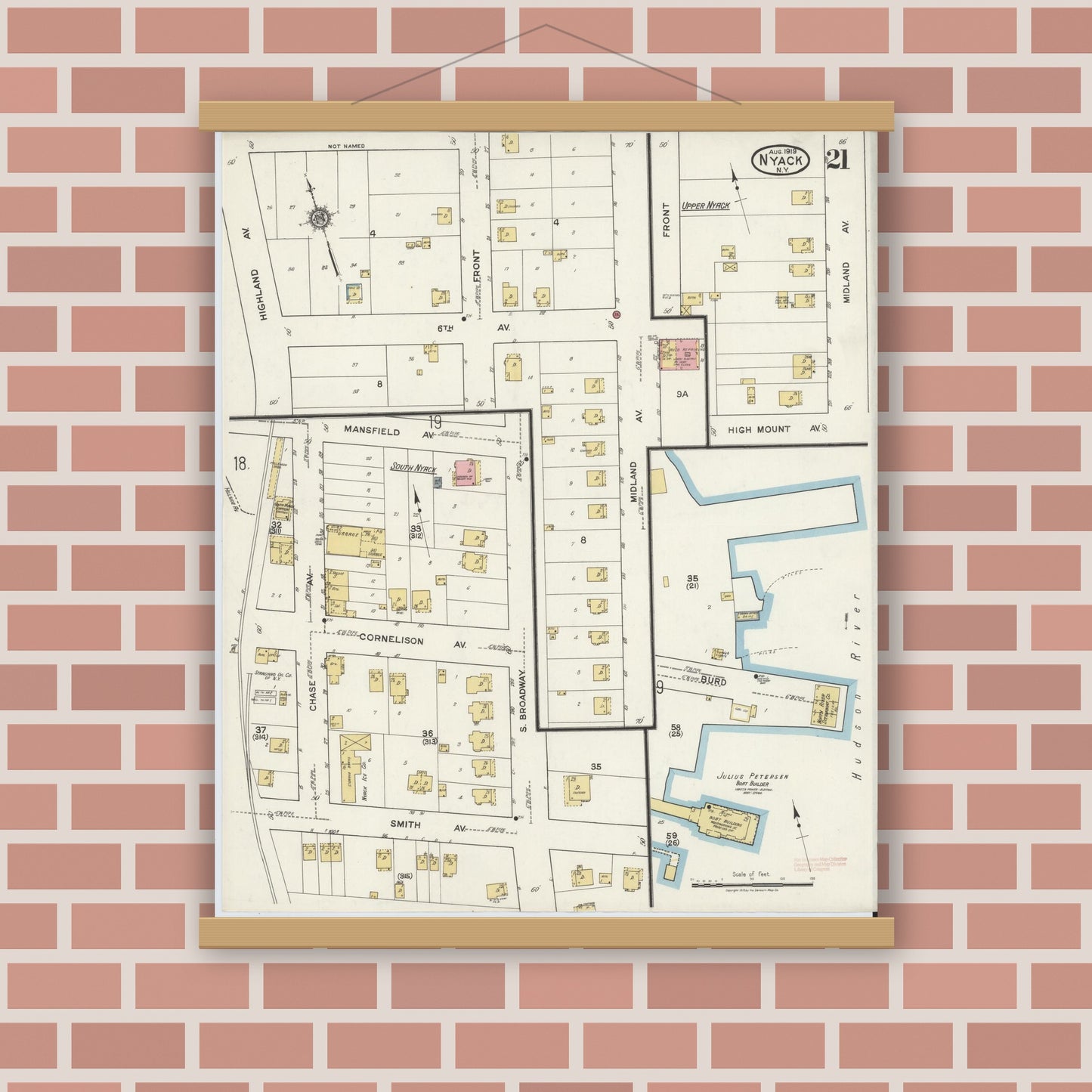 Old map wall art mockup — magnetic wood frame on brick wall — Sanborn Fire Insurance Map from Nyack, Rockland County, New York. (1919), Sheet #0021