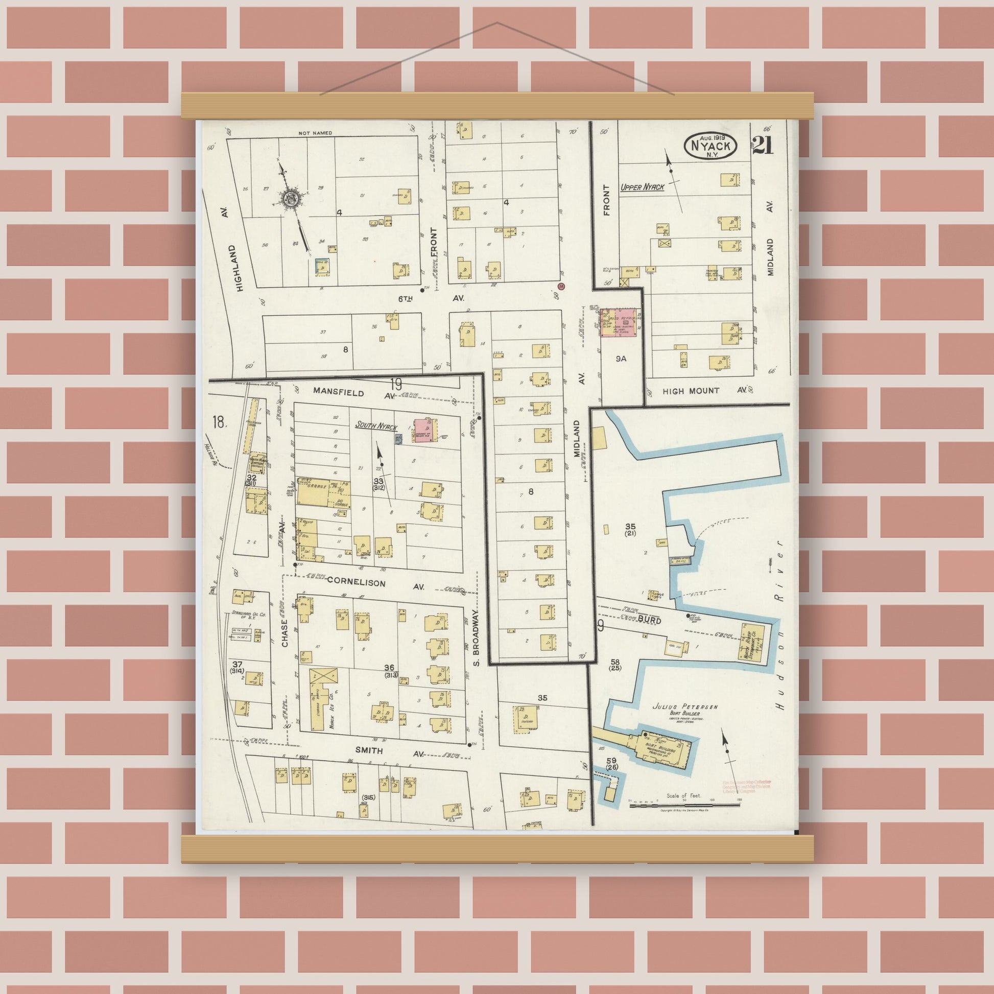 Old map wall art mockup — magnetic wood frame on brick wall — Sanborn Fire Insurance Map from Nyack, Rockland County, New York. (1919), Sheet #0021