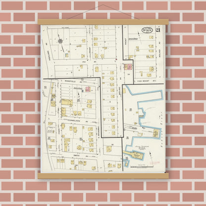 Old map wall art mockup — magnetic wood frame on brick wall — Sanborn Fire Insurance Map from Nyack, Rockland County, New York. (1919), Sheet #0021