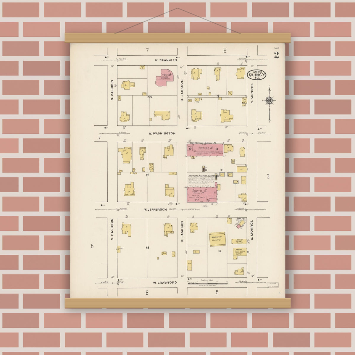 Old map wall art mockup — magnetic wood frame on brick wall — Sanborn Fire Insurance Map from Quincy, Gadsden County, Florida (1922), Sheet #0002