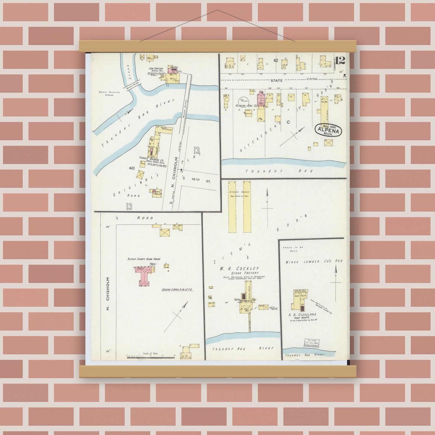 Old map wall art mockup — magnetic wood frame on brick wall — Sanborn Fire Insurance Map from Alpena, Alpena County, Michigan (1895), Sheet #0012