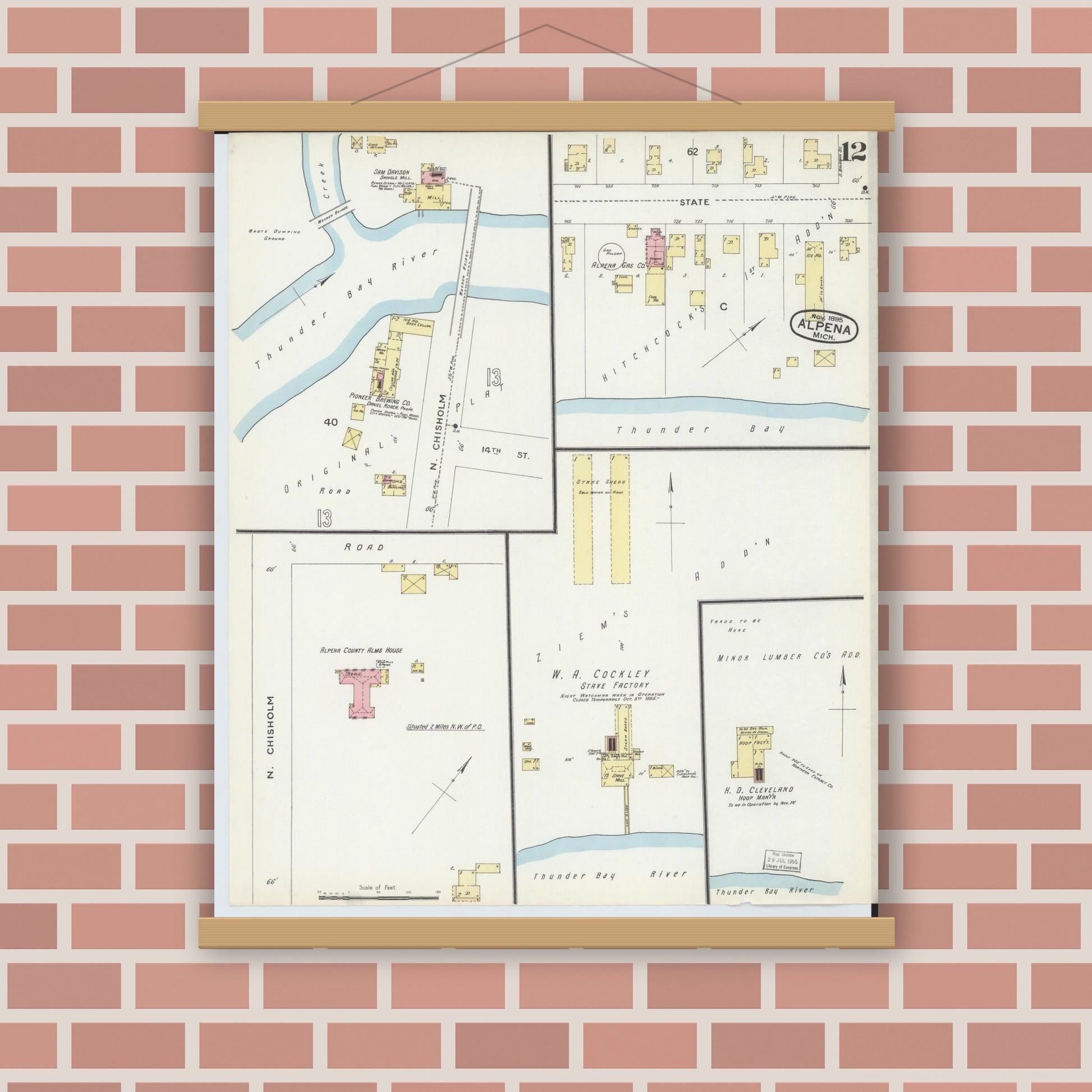 Old map wall art mockup — magnetic wood frame on brick wall — Sanborn Fire Insurance Map from Alpena, Alpena County, Michigan (1895), Sheet #0012